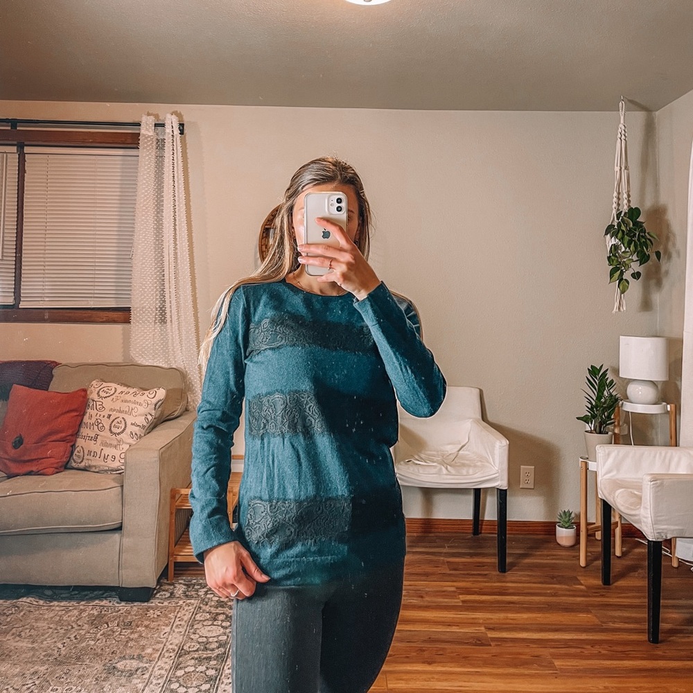 J.Crew blue sweater with black lace stripes